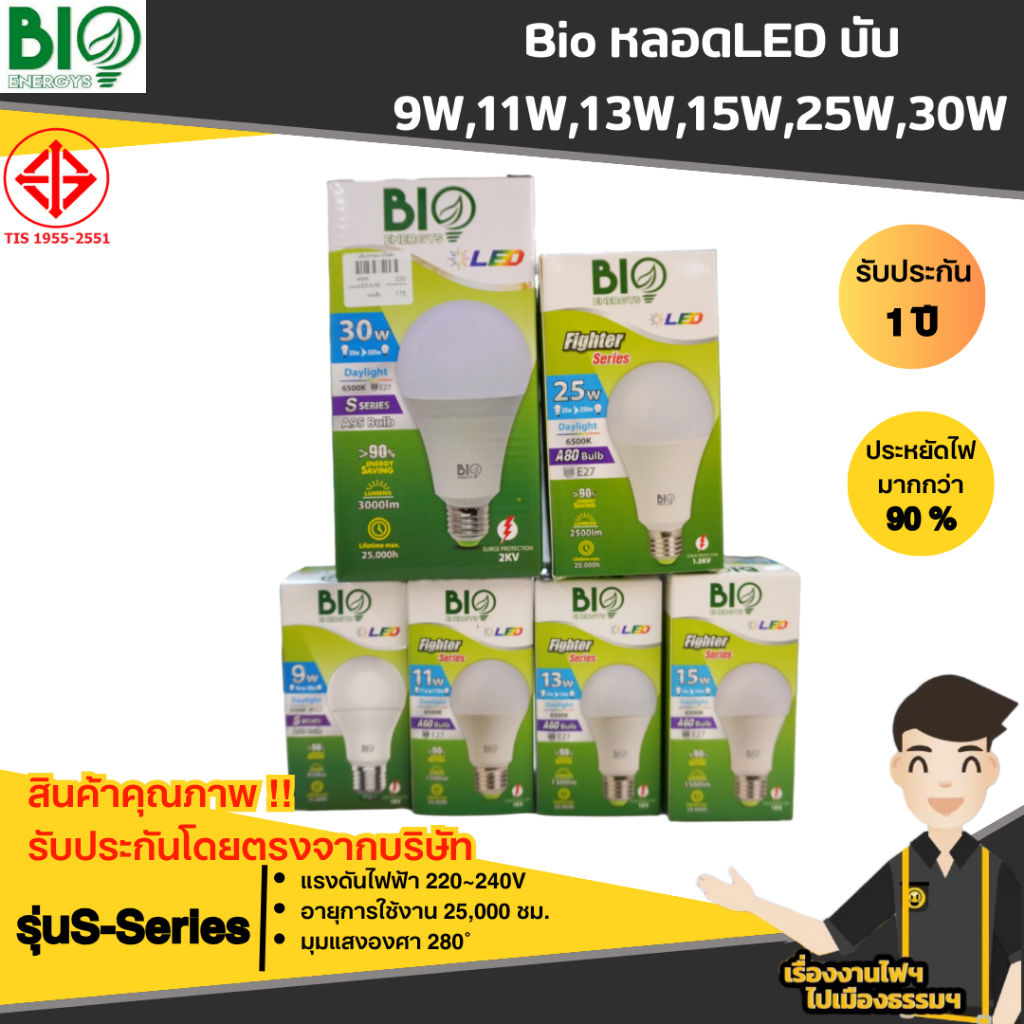 Bio หลอดLED บับ 9W,11W,13W,15W,25W แสงขาว,แสงส้ม รุ่นS-Series