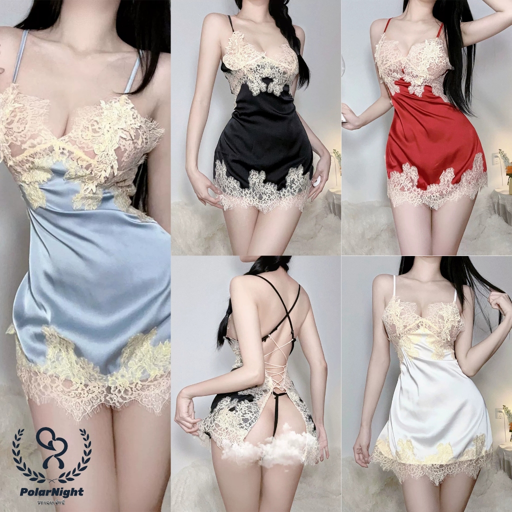 PolarNight ชุดลูกไม้เซ็กซี่ ชุดนอนซาติน คอวีลึกเซ็กซี่ สายสะพายไหล่ปรับได้ เซ็กซี่เปลือยหลัง พร้อมส่งจากไทย（H9184）