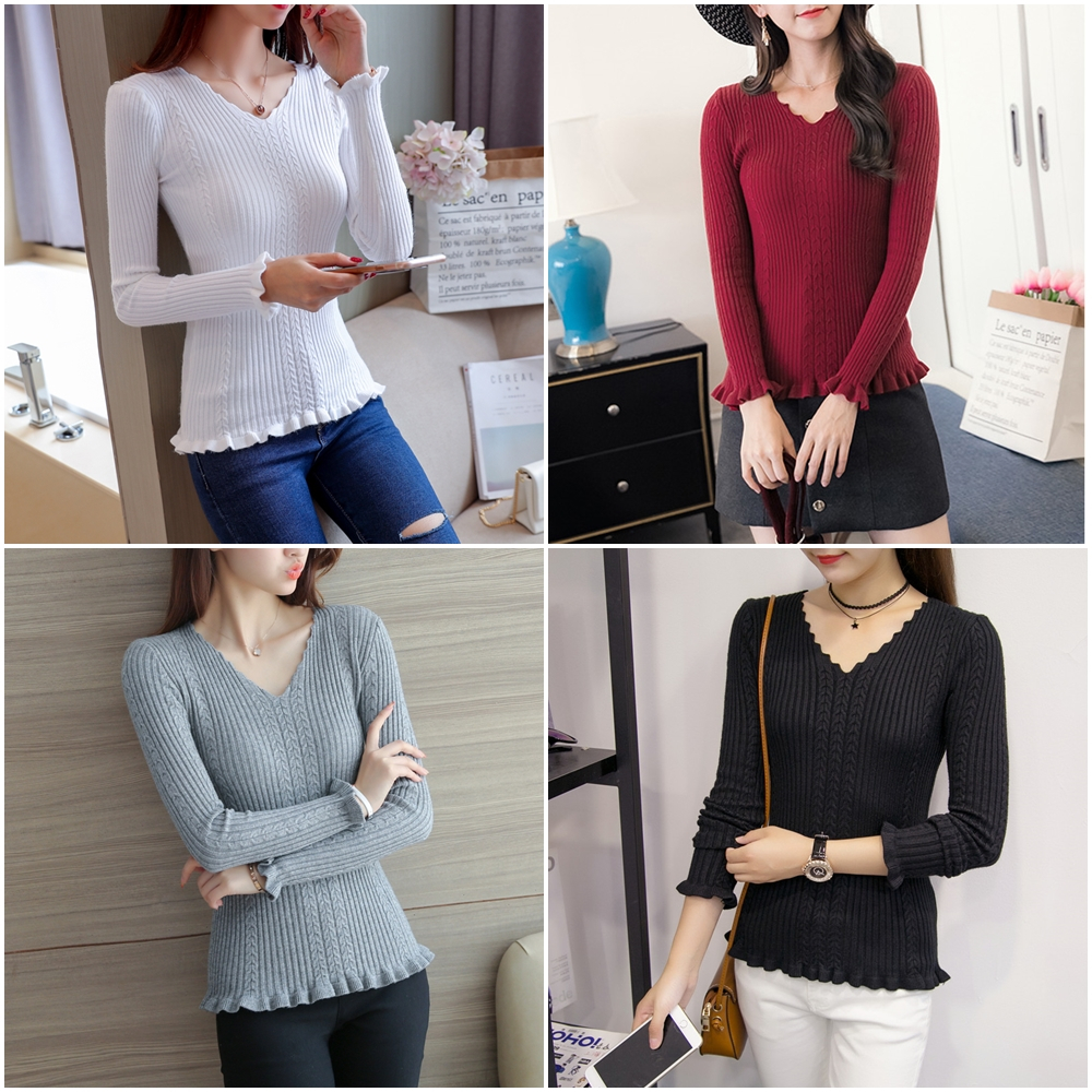 Davii.A018 | เสื้อไหมพรมแขนยาว คอหยักลายเปีย ผ้าเนื้อหนานุ่มมากค่ะ