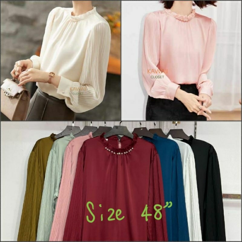 เสื้อแขนยาวผ้าซาตินเนื้อดี คอจีบมุก แขนอัดพลีท Plus Size Satin Blouse Size 48" สาวอวบ สาวออฟฟิส ชุดทำงาน