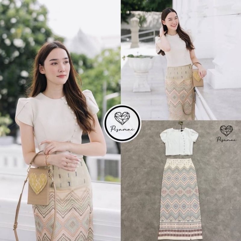 PISAMAI BRAND : THAI DRESS เสื้อ + กระโปรงครีม Size M