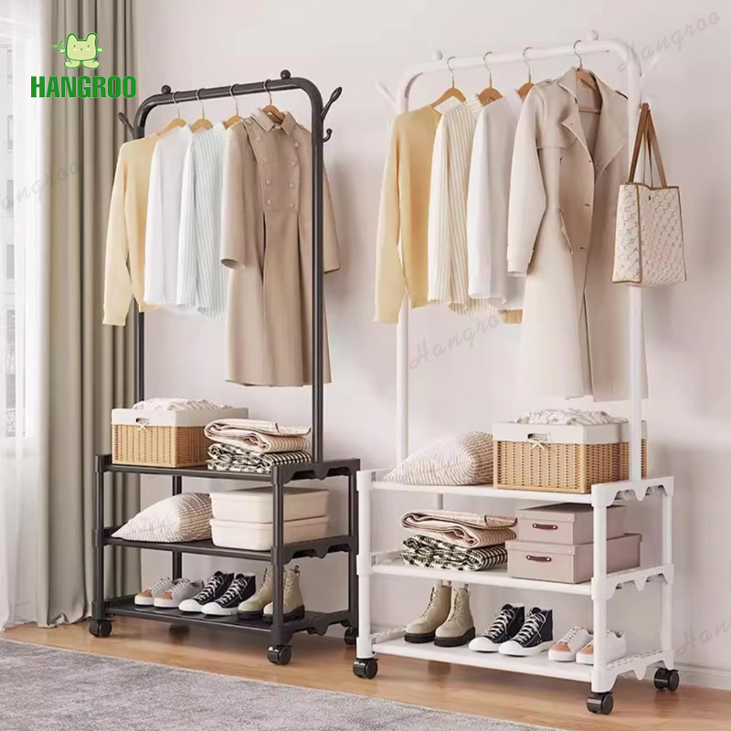HANGROO H505 ตู้เสื้อผ้า ราวตากผ้า พร้อมชั้นวาง 4 ชั้น และ ที่แขวนกับตะขอเสริม
