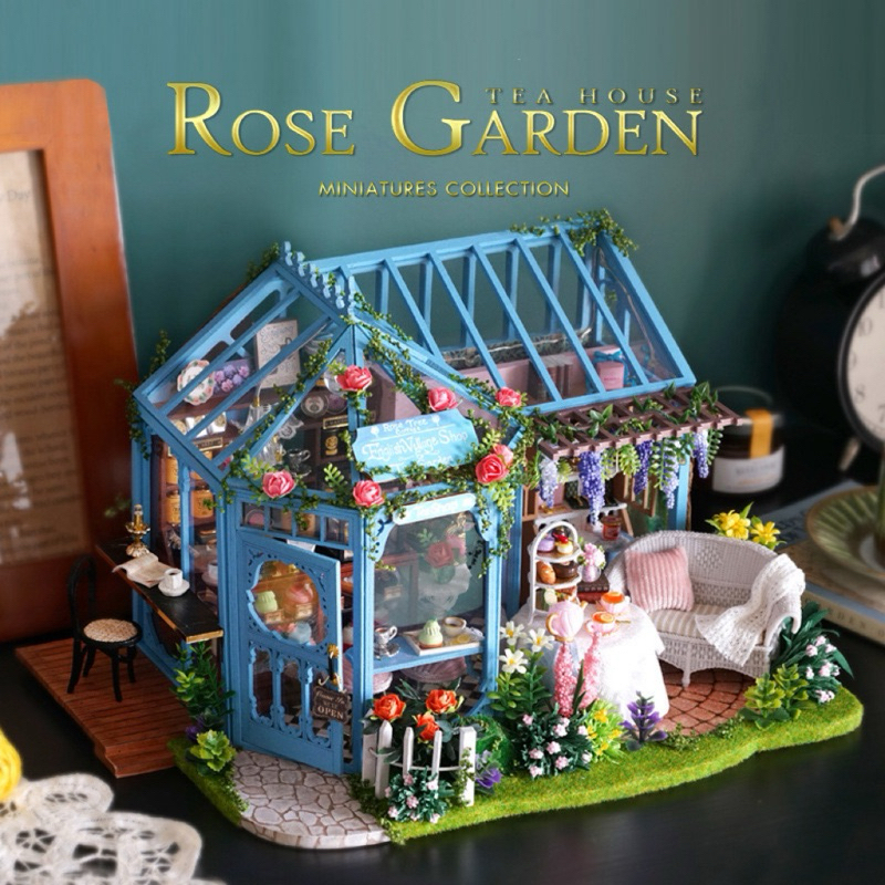 DIY บ้านตุ๊กตา รุ่น Rose Garden คาเฟ่สวนกุหลาบ บ้านตุ๊กตาไม้ บ้านDIY ประกอบเอง Doll house บ้านจิ๋ว