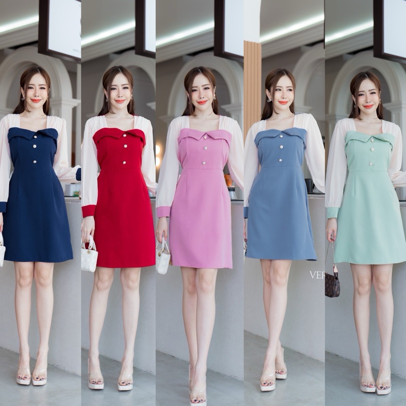 Hannah dress เดรสออกงาน แฟชั่น เดรสทำงานแต่งแขนชีฟองครีม แต่งกระดุมมุข ป้าย VERA