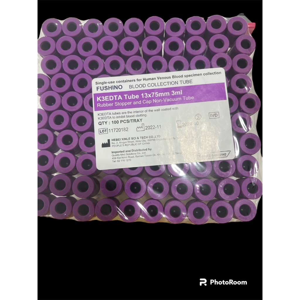 หลอดเก็บตัวอย่างEDTA K3,Non-Vac  Tube ขนาด 3ml บรรจุ 100 หลอด/pack