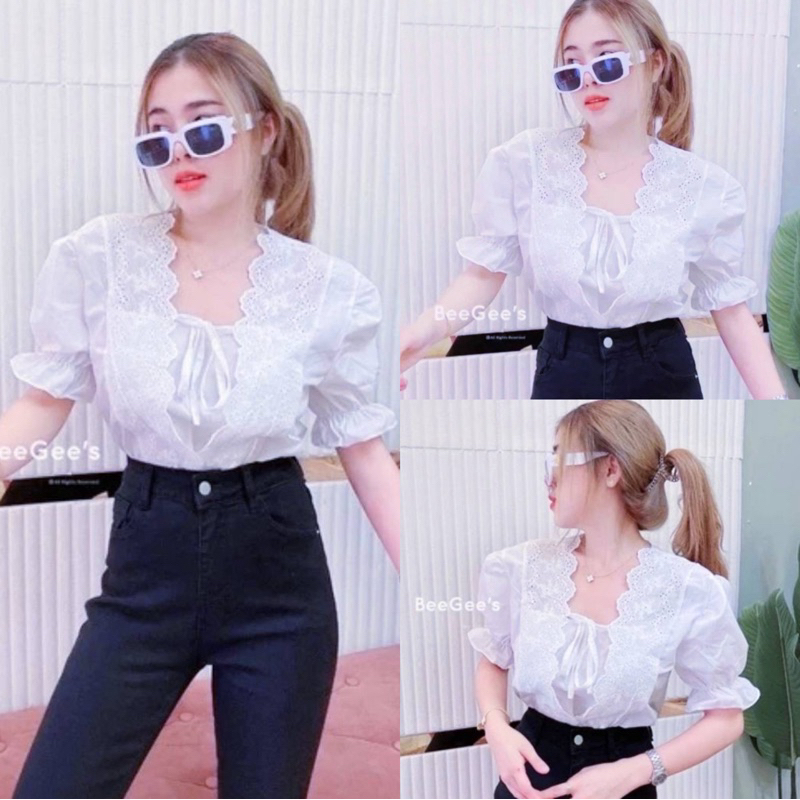 🔥aimorn_shop🔥เสื้อฉลุลูกไม้ แต่งโบว์น่ารักมากๆ💚 💚💚ผ้าคอตต้อนฝ้าย​ 100%งานนี้ไม่เคยผิดหวังเด้อ