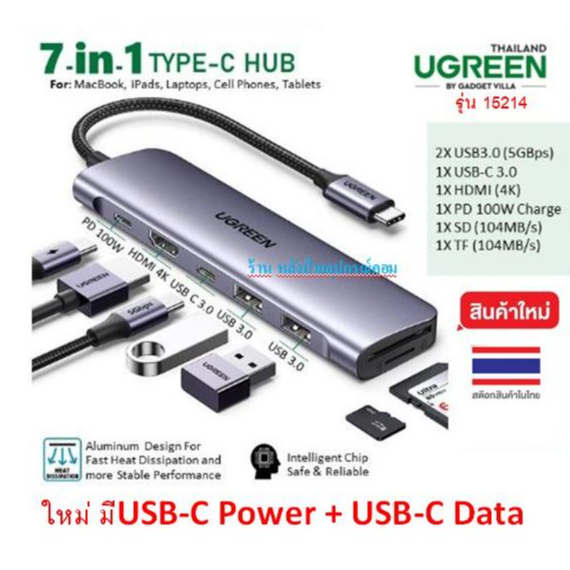 UGREEN รุ่น 15214 USB-C 7in1 Multifunctional Adapter ตัวแปลง Hub, SD TF Dock HDMI 4K CM195