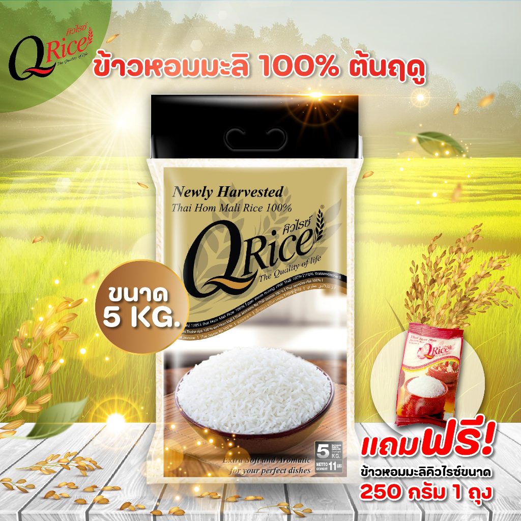 QRice คิวไรซ์ ข้าวหอมมะลิต้นฤดู กลางปี เก่า ขนาด 5 kg (แถมข้าวหอมมะลิ 250 g. ฟรี)