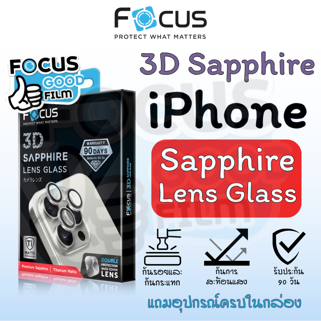 *ประกัน 90 วัน* แหวนกระจกเคลือบแซฟไฟร์ด้าน *3D Sapphire Lens Glass Matte* Focus ของ iPhone 15Pro/PM