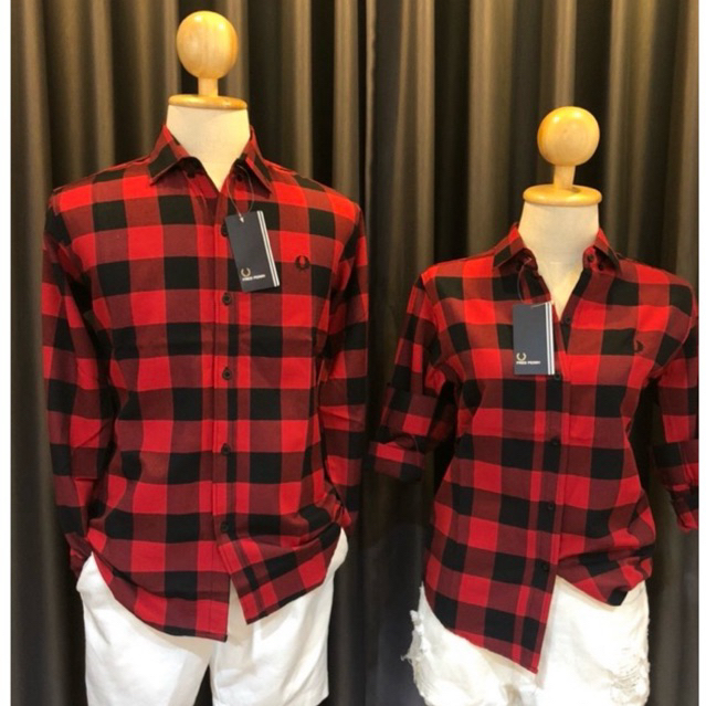 เสื้อเชิ้ต แขนยาว ลายสก็อต สีแดง/ดำ ผ้าดี ชายหญิง สินค้าตรงปกแน่นอน