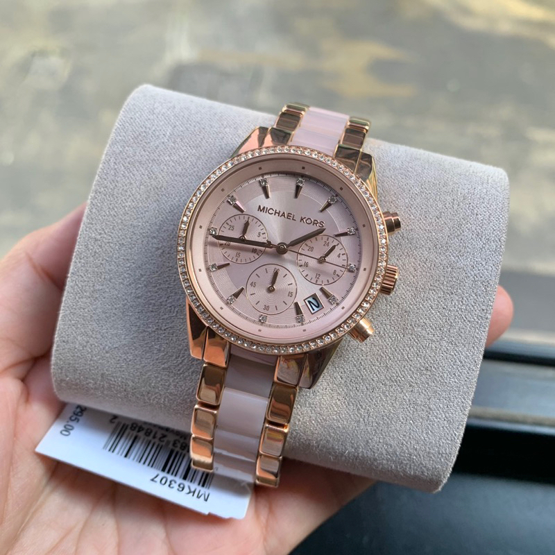 [[พร้อมส่ง📦แท้💯%]] MICHAEL KORS MK6307 Ritz Quartz Chronograph Rose Dial Rose Gold-tone Pink Acetate