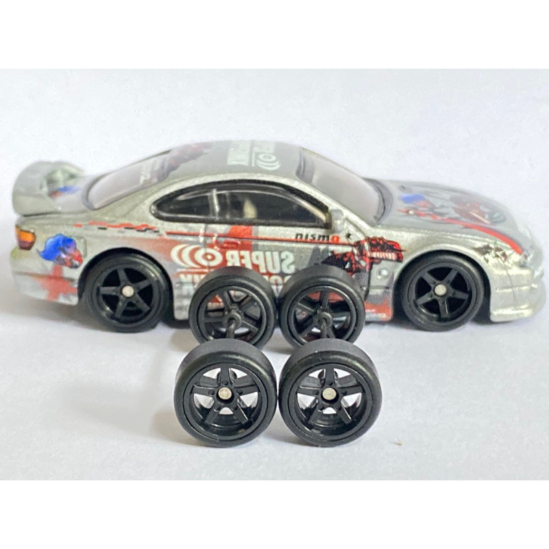 1/64 Hot Wheels Rubber Wheel 5 Spoke Black JDM Long Axle