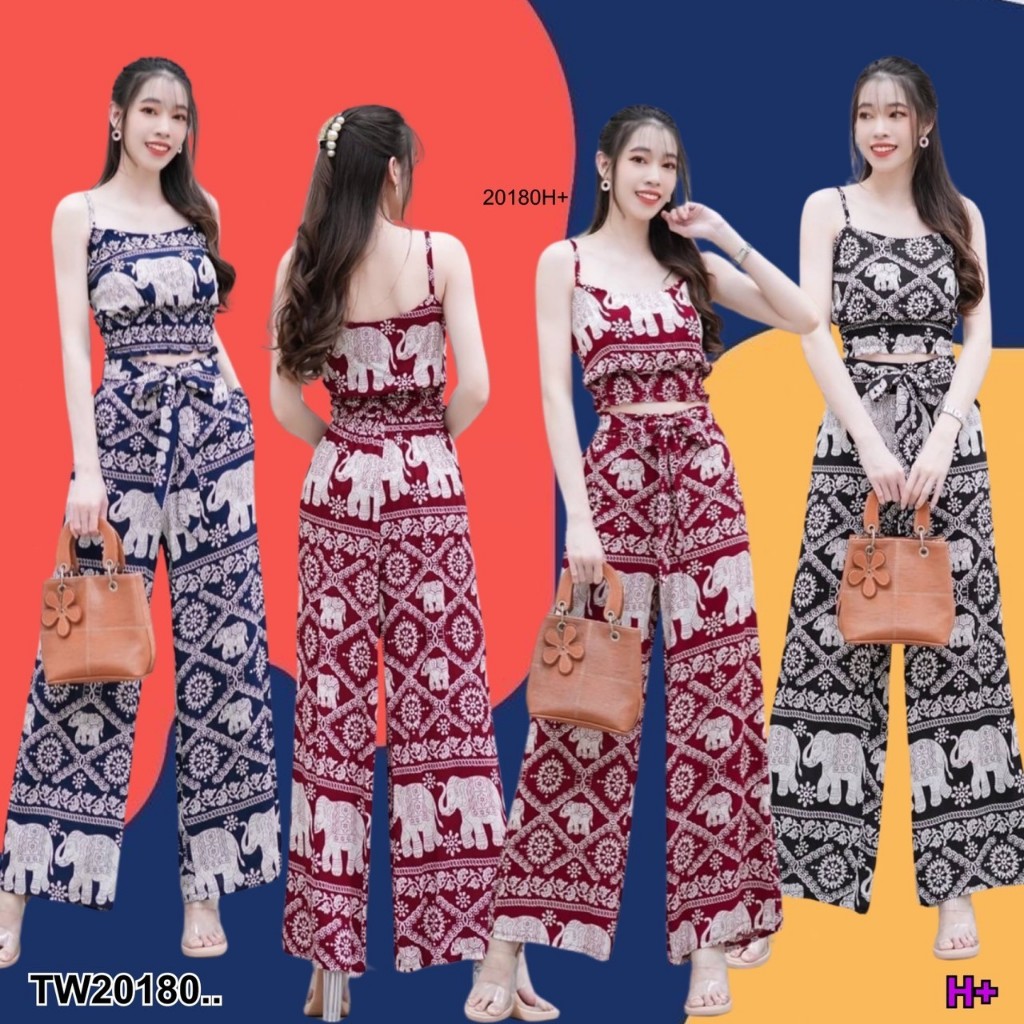 TwinsShopVip พร้อมส่ง TW20180 set 2 ชิ้น เสื้อครอปสายเดี่ยวลายช้าง + กางเกงขายาว ..