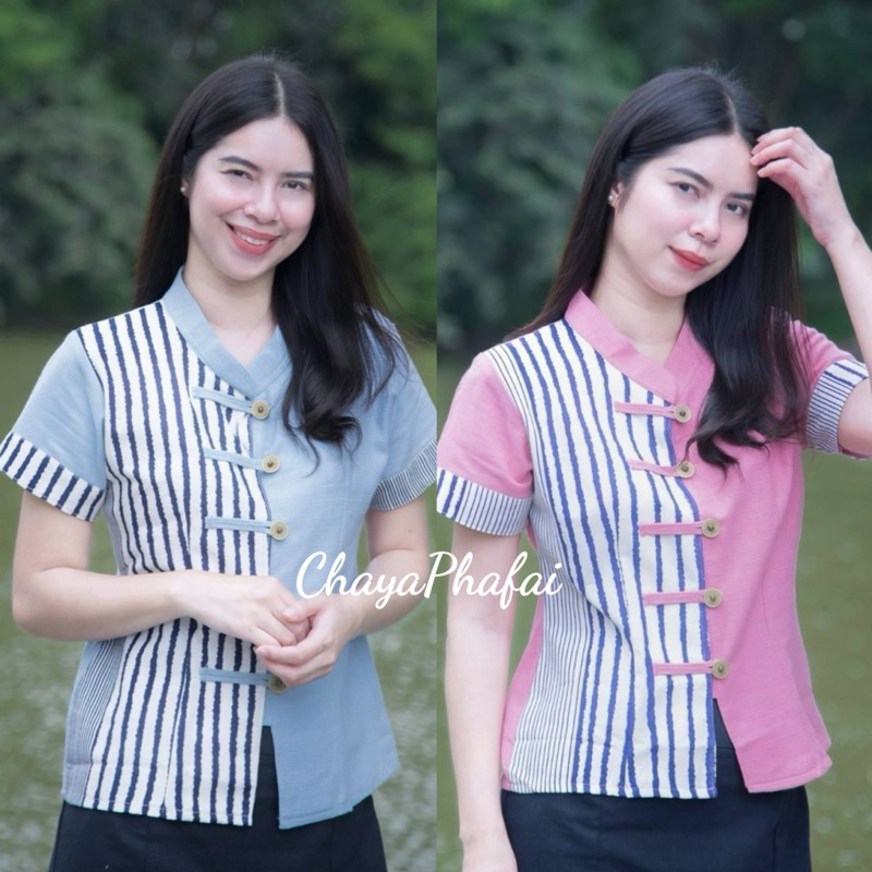 เสื้อผ้าฝ้ายคอจีนแต่งลายบาร์โค้ด