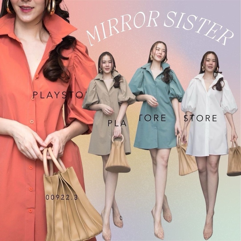 เดรสเชิ้ตคอปกแขนพอง ป้ายmirror