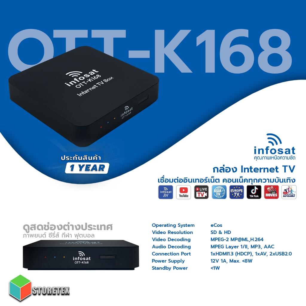 Infosat กล่องอินเตอร์เน็ตทีวี Internet TV รุ่น OTT-K168 ดูไลฟ์สด ได้ทั่วโลก