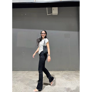 ยีนส์ WANWI Code.W19 กางเกงยีนส์ขาม้าเล็กเอวสูงผ้ายืดสีดำสนิท