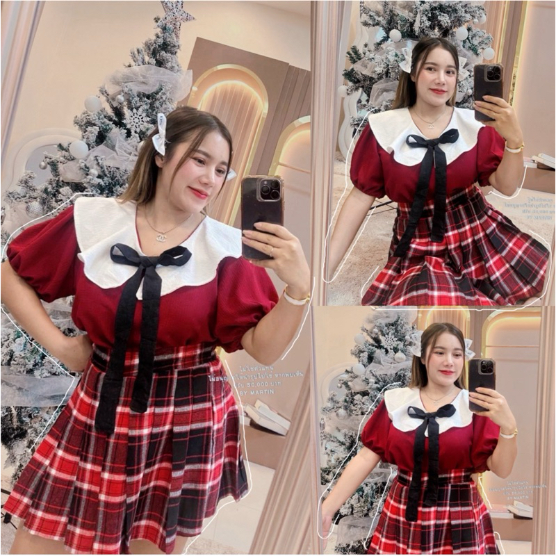 เสื้อแขนตุ๊กตาสีแดงแขนสั้นน่ารัก อก32-44 เสื้อสาวอวบคริสต์มาส