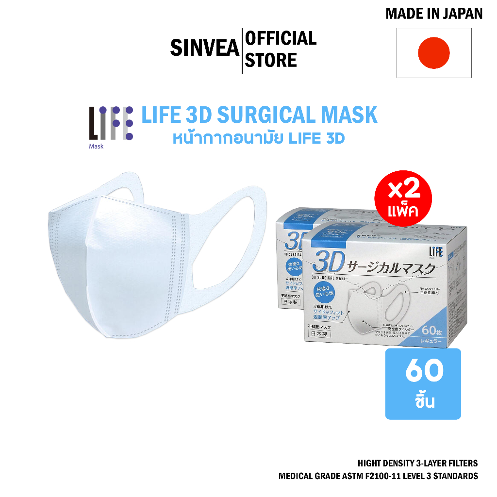 [2 แพ็ค] Life 3D SURGICAL MASK หน้ากากอนามัยผู้ใหญ่ แบบกล่องบรรจุ 60ชิ้น (MADE IN JAPAN)
