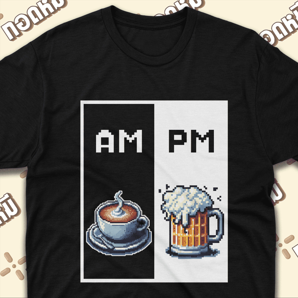 เสื้อยืดลาย " AM กาแฟ PM เบียร์ " เนื้อผ้า Cotton 100% By กอดหมี KPA047