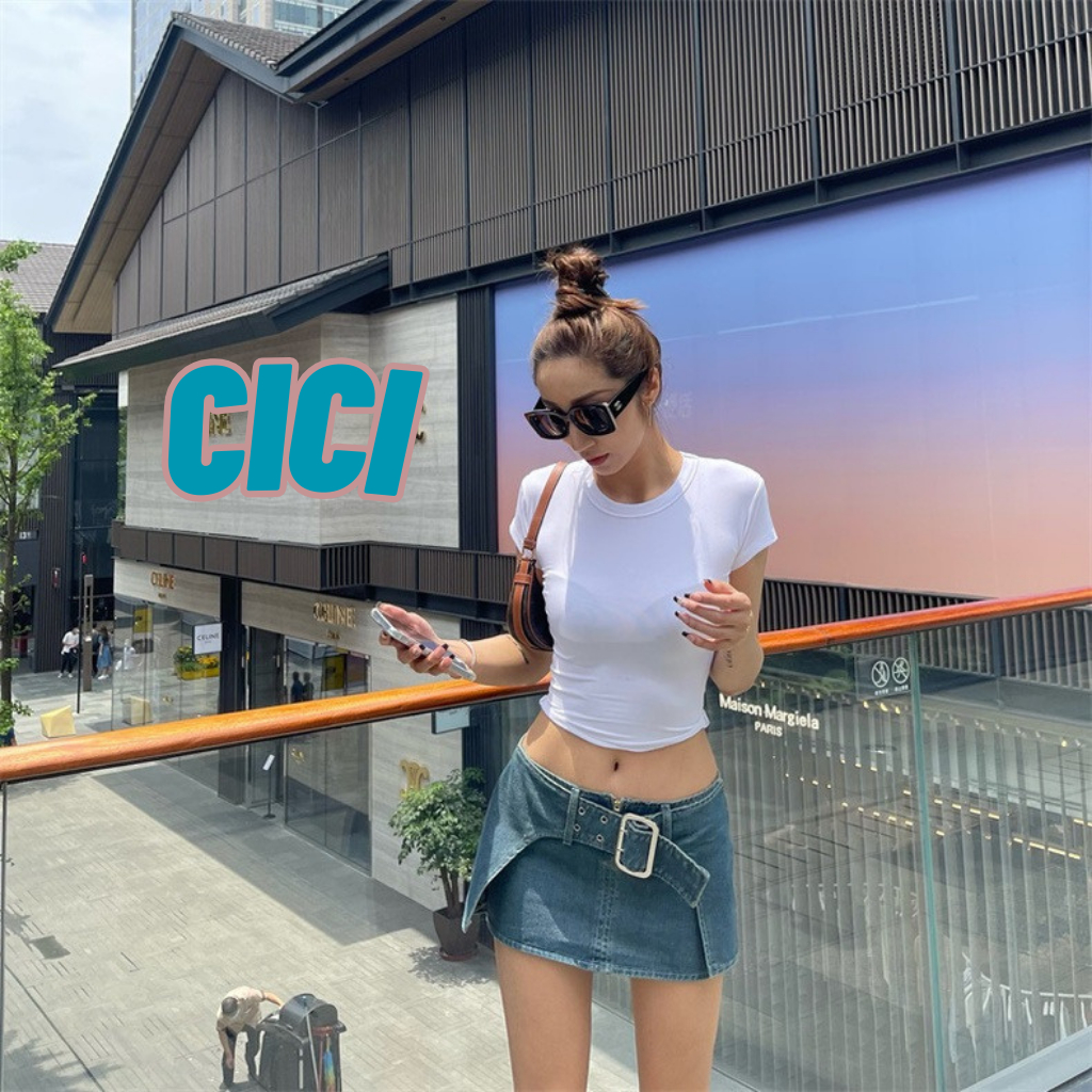 Cici(NO.001)กระโปรงยีนส์สั้น ดีเทลแต่งหัวเข็มขัด สไตล์Street Girl