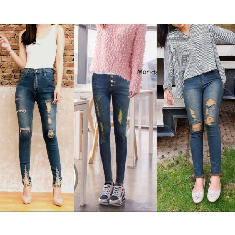 กางเกงยีนส์​ กางเกงขาเดฟ​ สีสนิม​ แต่งขาดคละแบบ