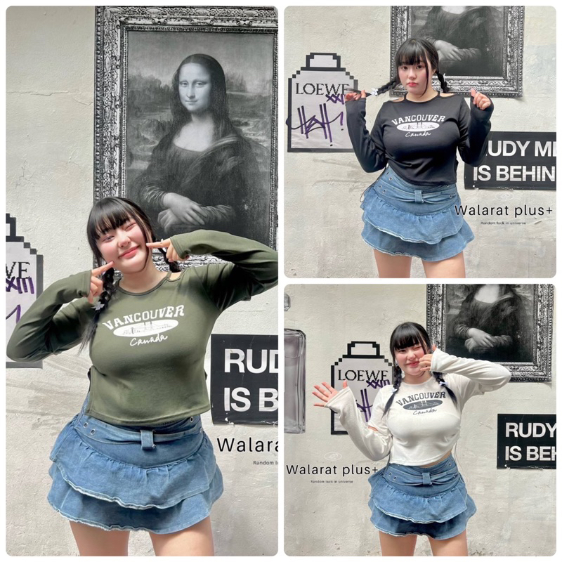 เสื้อแฟชั่น y2k เสื้อแขนยาว ตัดต่อแขน สกรีนลาย เสื้อผ้าสาวอวบอ้วน พลัสไซส์ ไซส์ใหญ่