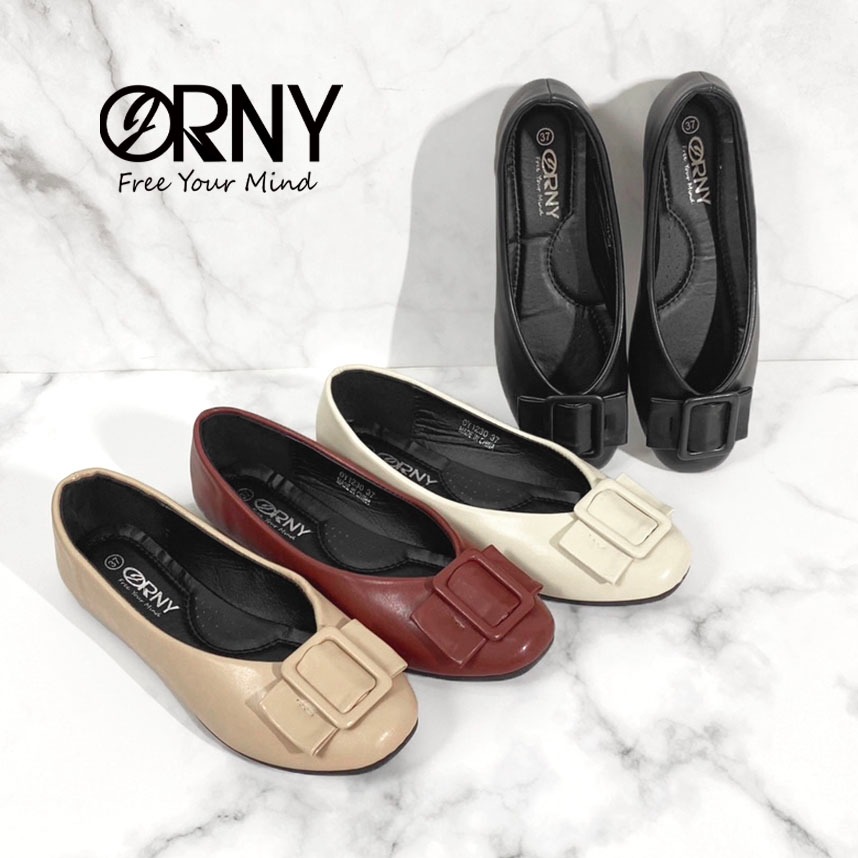 ORNY(ออร์นี่) ® OY1230 🌻 รองเท้าคัชชูส้นแบน หัวตัดแต่งอะไหล่ 🌻