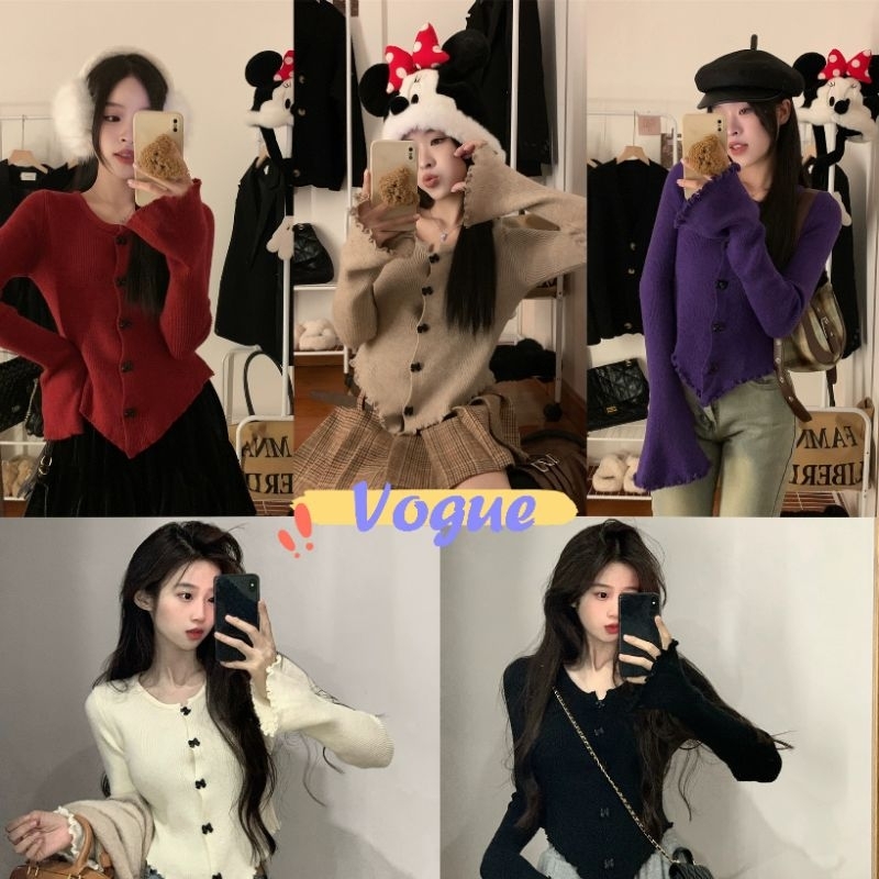 Vogue🌟พร้อมส่ง🌟 เสื้อไหมพรมแขนยาวคอกลม กระดุมสีดำแกะได้ (BK837) -C