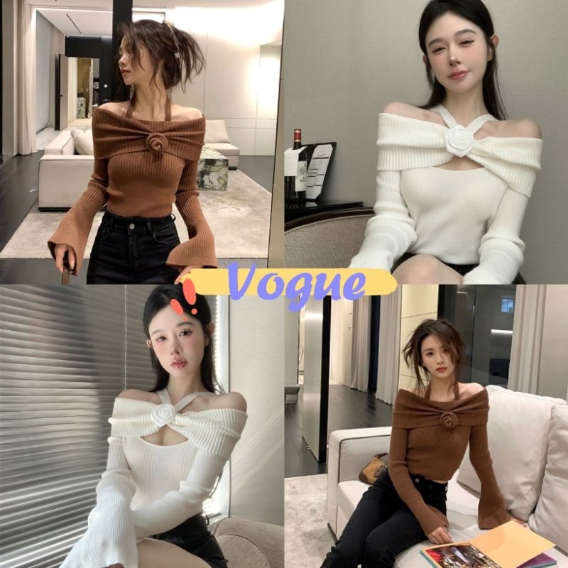 Vogue🌟พร้อมส่ง🌟 เสื้อไหมพรมแขนยาว ดีเทลเพิ่มคล้อง ติดดอกไม้ (08116)