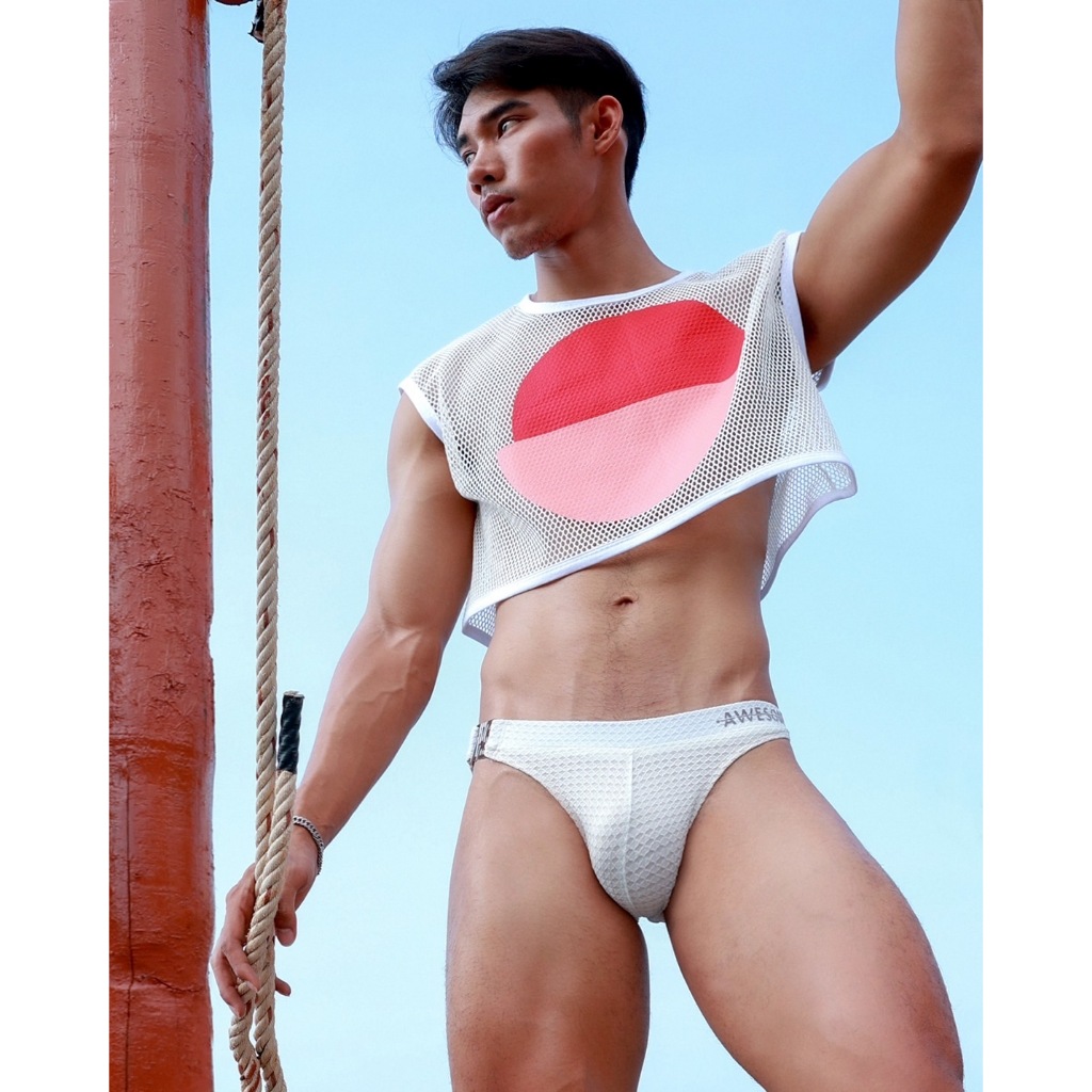 T127 crop top men's style.. เสื้อครอปผ้าตาข่าย แขนกุด mix and match