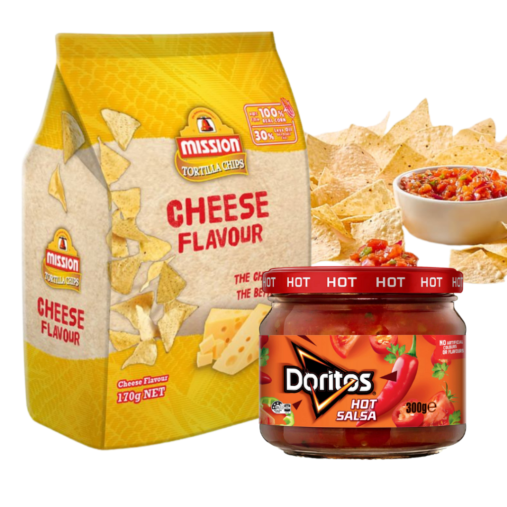 Set จับคู่ แป้งกรอบ นาโช่ ตอร์ติยา และซอสเผ็ดสไตล์แม็กซิกัน Tortilla Chips Mission 170g + Doritos Salsa Dip Sauces 300g