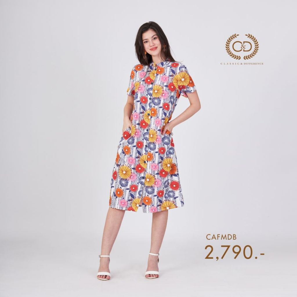 C&D woman's Dress Blue tanpopo เดรส คอตั้ง กระดุมผ่าหน้า แขนสั้น สีฟ้า CAFMDB