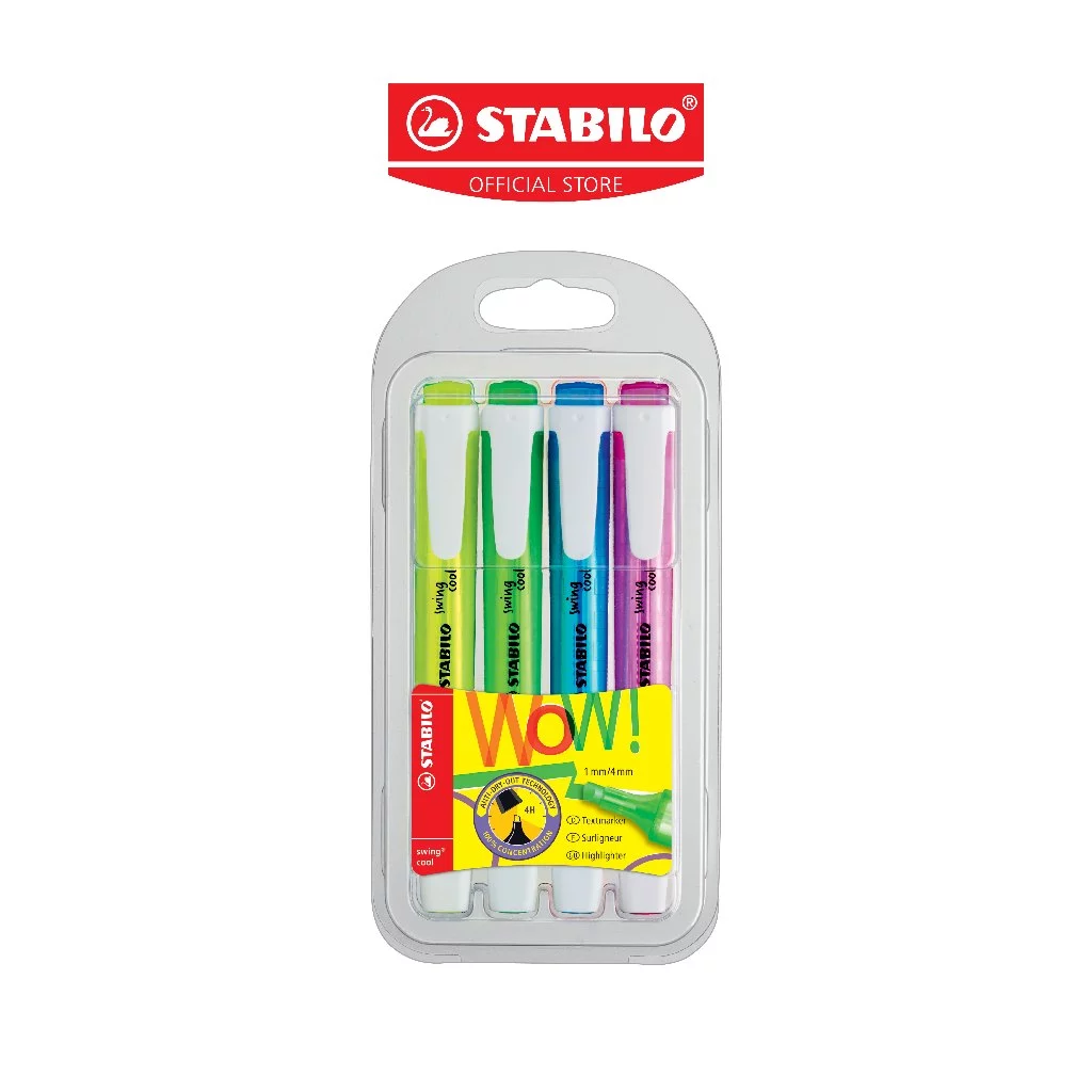 STABILO swing cool ปากกาไฮไลท์ ปากกาเน้นข้อความ สีสะท้อนแสง แพ็ค 4 สี (275/4)