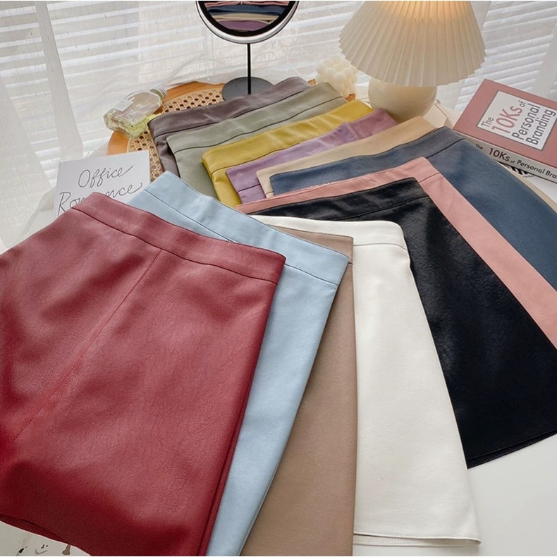T258 พร้อมส่ง5สี กระโปรงสั้นหนังเอวสูง ซิปหลัง มีซับในกางเกง