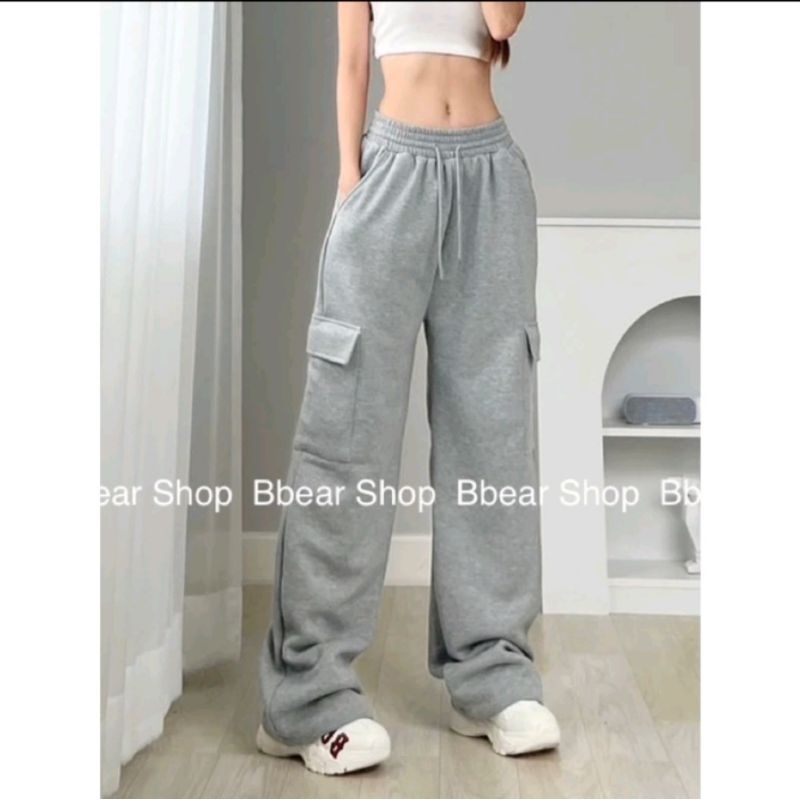 กางเกงวอร์มสีเทา ทรงคาโก้ ผ้าหนา ป้าย bbear shop