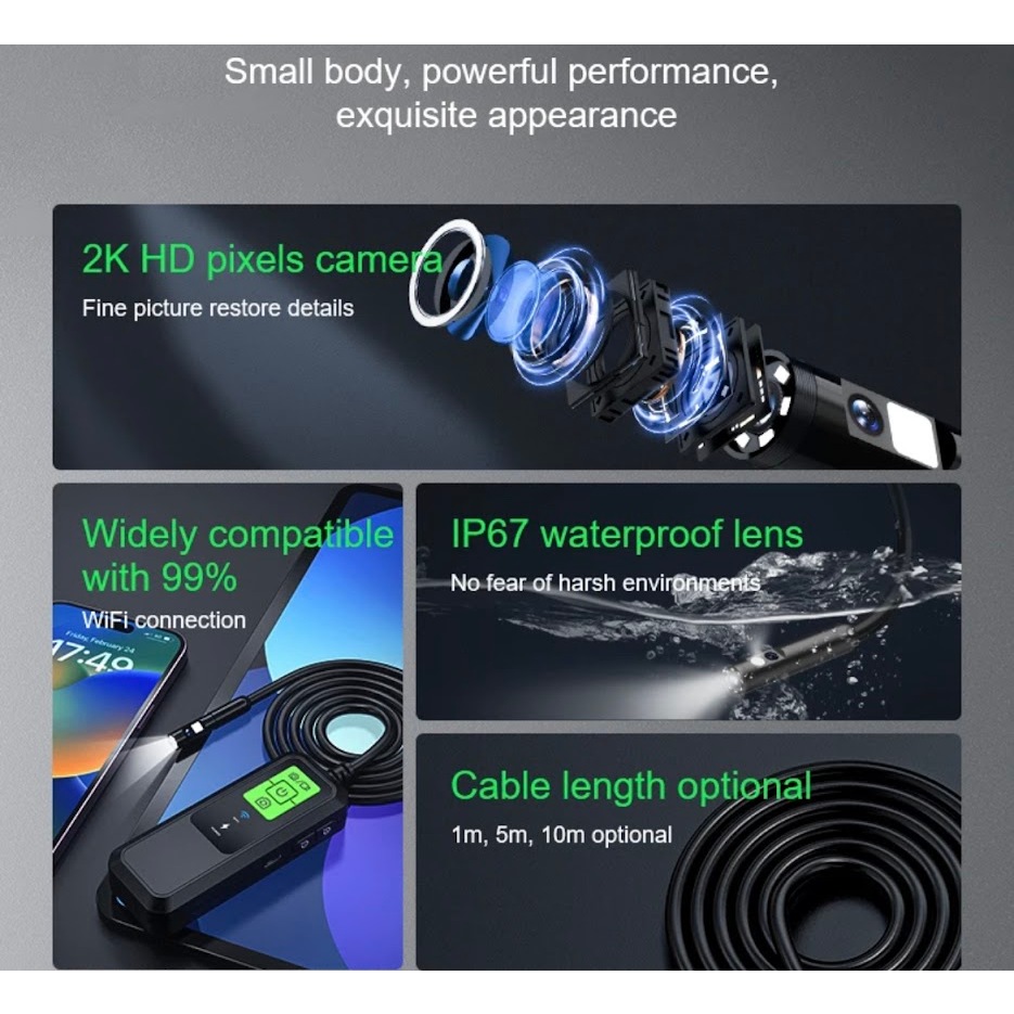 Inskam กล้องเอ็นโดสโคปอุตสาหกรรม WiFi กล้องตรวจสอบไร้สายเลนส์คู่กันน้ำ8มม.ปรับได้8LEDสำหรับSmartPhone - รูปที่ 5