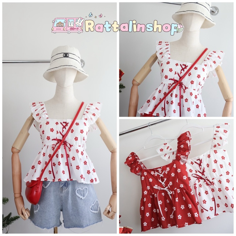 เสื้อแขนระบาย สม็อคหลัง ลายดอก ป้ายkhun