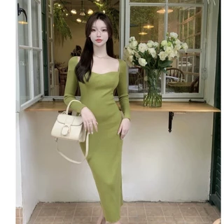ส่งทันที Cici(NO. B6199)เดรสแขนยาวคอเหลี่ยม ผ้าไหมพรม ใส่แล้วเข้ารูปมากก สไตล์ฝรั่งเศส สําหรับผู้หญิง 2024
