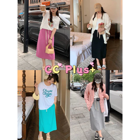 CiCi Plus+(830)กระโปรงยาวผ้าคอตตอน เอวสม็อก แหวกหลัง มีกระเป๋าข้าง สไตล์สาวพลัสไซส์