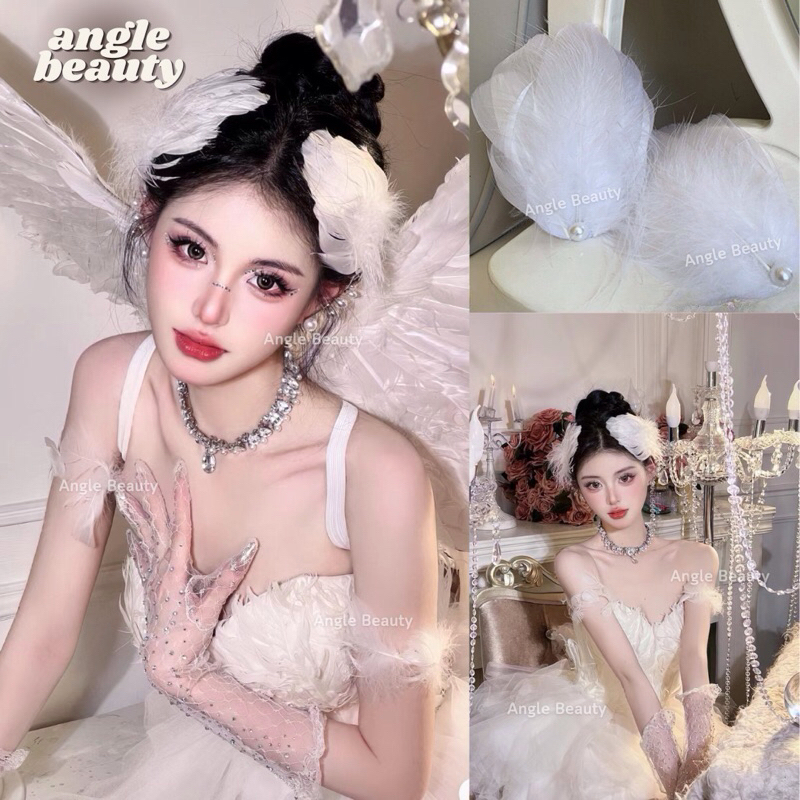 พร้อมส่งด่วน ขนนกติดผม กิ๊บติดผม หงส์ ปีกนก ประดับไข่มุก ขนนกนางฟ้า