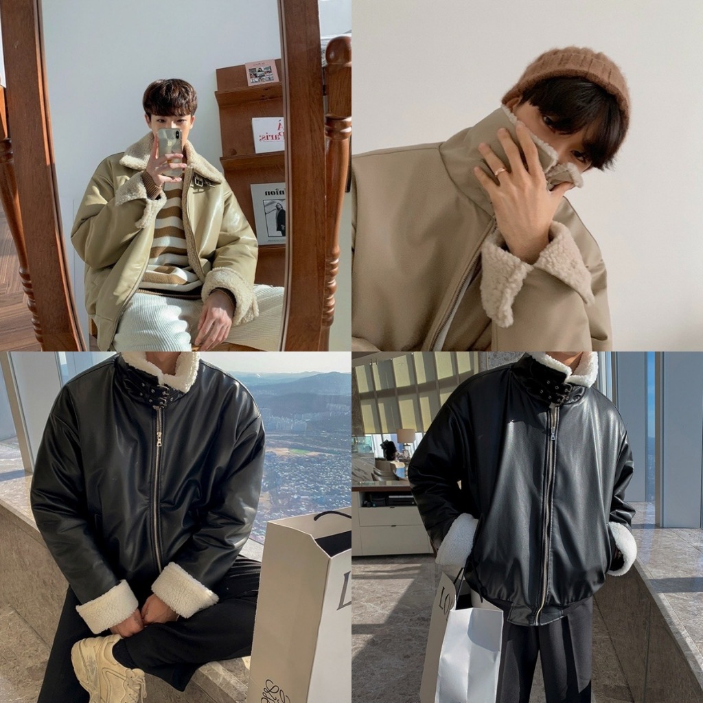 เสื้อแจ็คเก็ตหนังรุ่นหนังเรียบ ขนแกะด้านใน กันหนาว สไตล์เกาหลี J96
