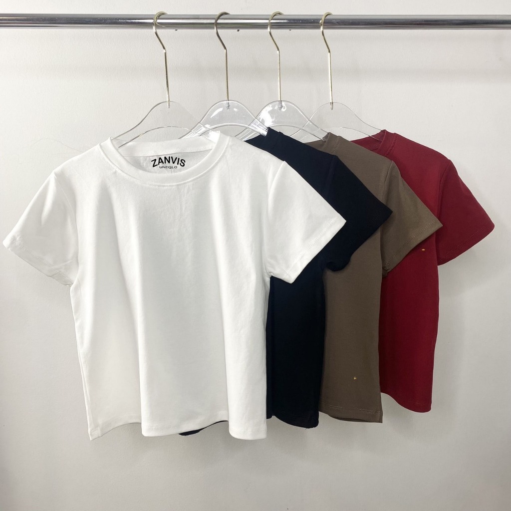 (Zanvistee)เสื้อครอปสีพื้น ผ้ายูนิโคล่ 4 ไซต์ S M L XL ( Baby tee เสื้อครอป Y2K )