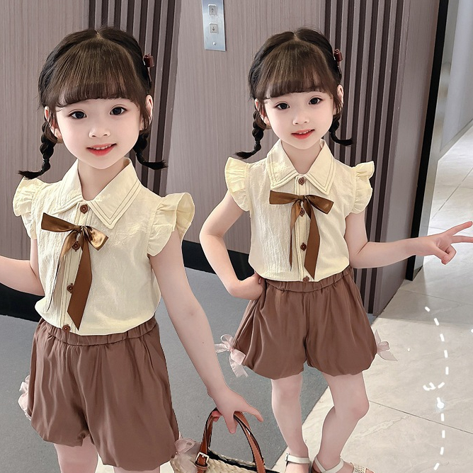 Babyonline(Y098)E2 (ส่งด่วน1วัน)ชุดเซ็ตเสื้อแขนสั้นคอปกแต่งโบว์พร้อมกางเกงขาสั้นทรงบอลลูนสุดน่ารัก ผ้าฝ้าย นิ่ม รูปที่ 6