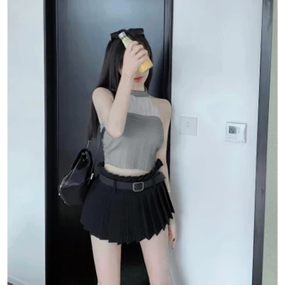 PX เสื้อไหมพรมลุคคุณหนู เกาะอก คล้องคอ แต่ผ้าชีฟอง ติดกระดุม เสื้อไหมพรมผู้หญิง สายหวาน เซ็กซี่เบา ๆ สีพื้น สีชมพู สีเทา