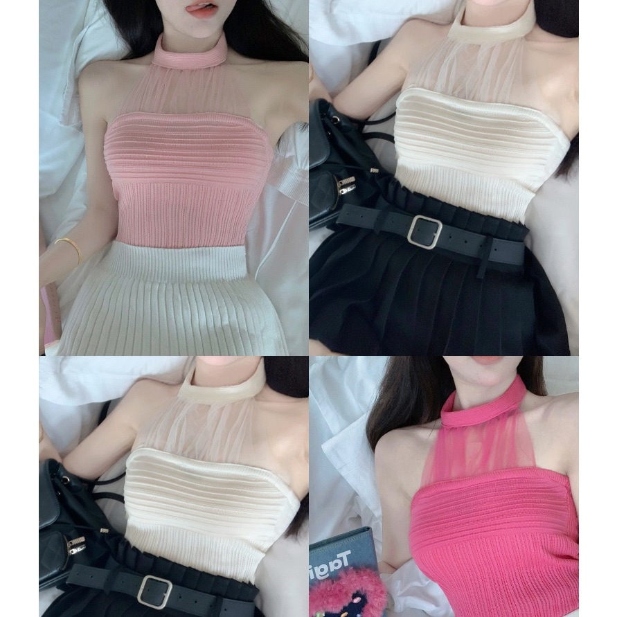 PX เสื้อไหมพรมลุคคุณหนู เกาะอก คล้องคอ แต่ผ้าชีฟอง ติดกระดุม เสื้อไหมพรมผู้หญิง สายหวาน เซ็กซี่เบา ๆ สีพื้น สีชมพู สีเทา