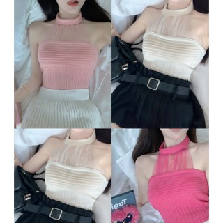 PX เสื้อไหมพรมลุคคุณหนู เกาะอก คล้องคอ แต่ผ้าชีฟอง ติดกระดุม เสื้อไหมพรมผู้หญิง สายหวาน เซ็กซี่เบา ๆ สีพื้น สีชมพู สีเทา