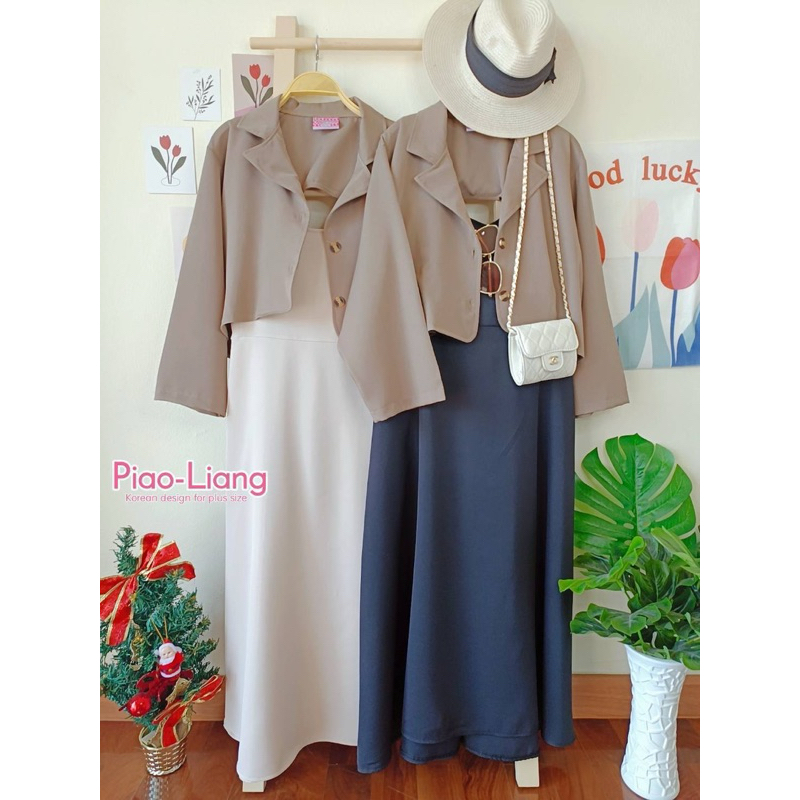พร้อมส่งMademoiselle Set งานเซตหรูหราตะโกน ลุคสวยหวานผู้ดี ตัวในเดรสสายเดี่ยวสม๊อคหลัง|สาวอวบ