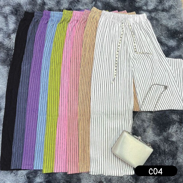 C04 กางเกงผ้าอัดยับ ลายทางดำ