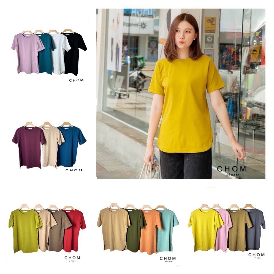 Chom เสื้อยืดแขนสั้นชายโค้ง ผ่าด้านข้าง cotton งานป้าย